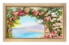 Pembe Çiçekler Ve Deniz Tablosu Naturel Ahşap - 40x60