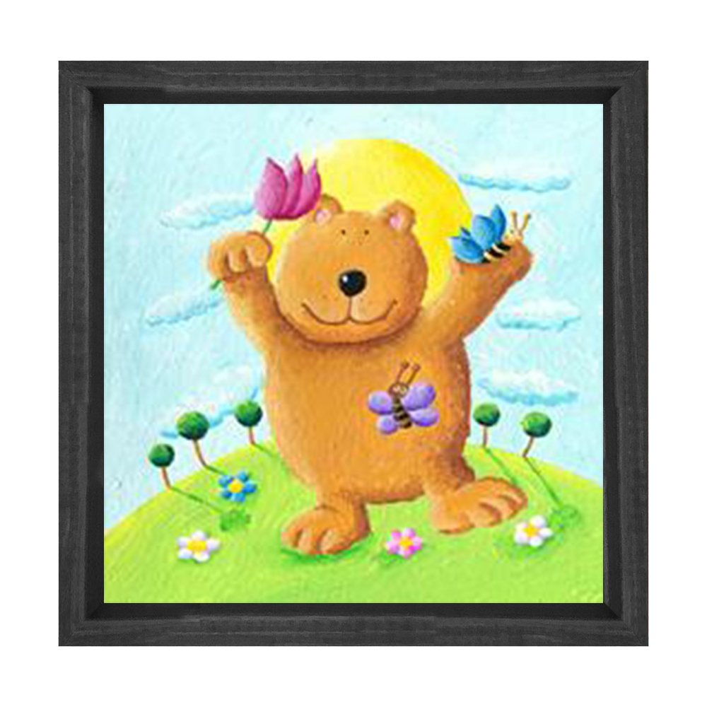 Tatlı Ve Çiçekli Ayı Tablosu Siyah Ahşap Çerçeve - 60x60