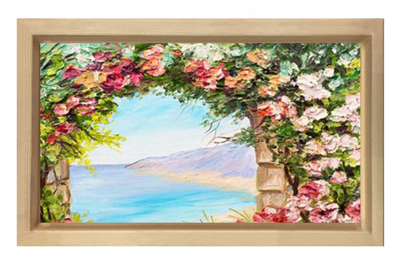 Pembe Çiçekler Ve Deniz Tablosu Naturel Ahşap - 70x100