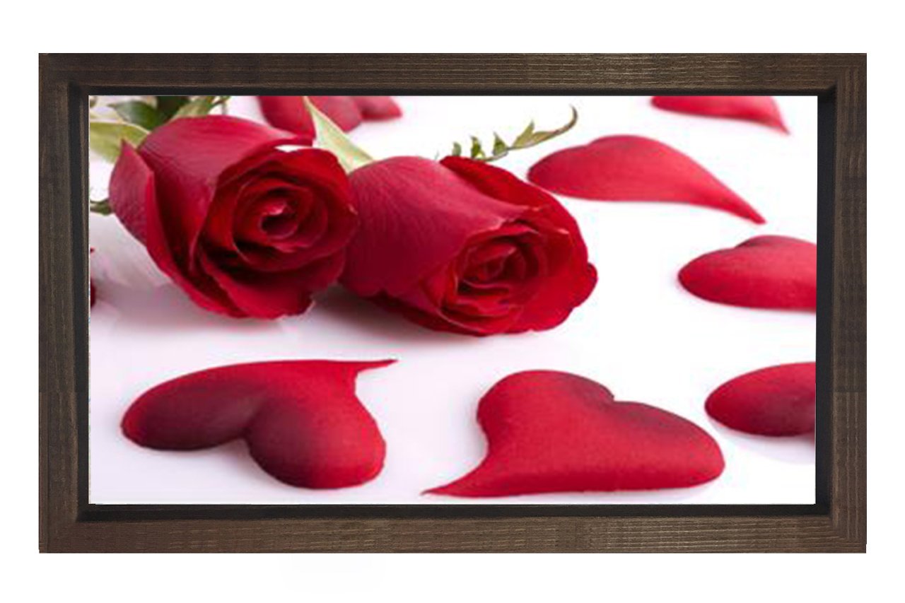 Kalp Ve Güller Tablosu Kahverengi Ahşap Çerçeve - 50x70
