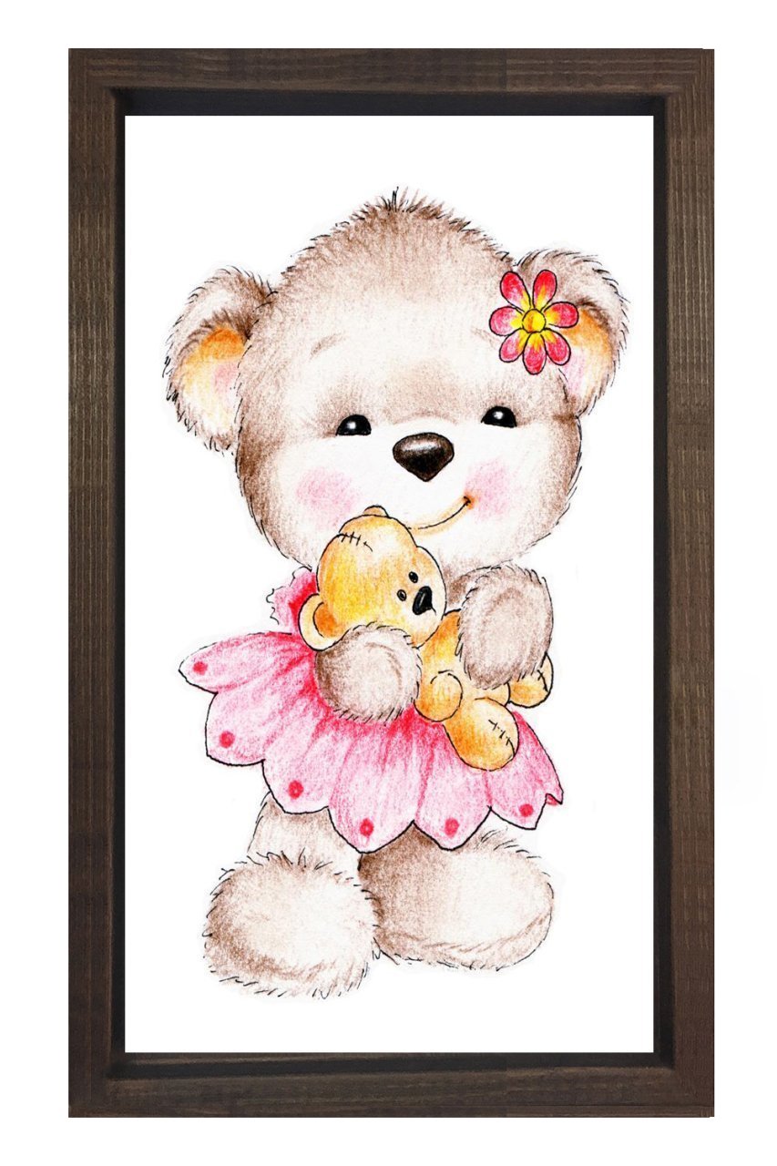 Pembe Cici Elbiseli Ayıcık Tablosu Kahverengi Ahşap Çerçeve - 100x150