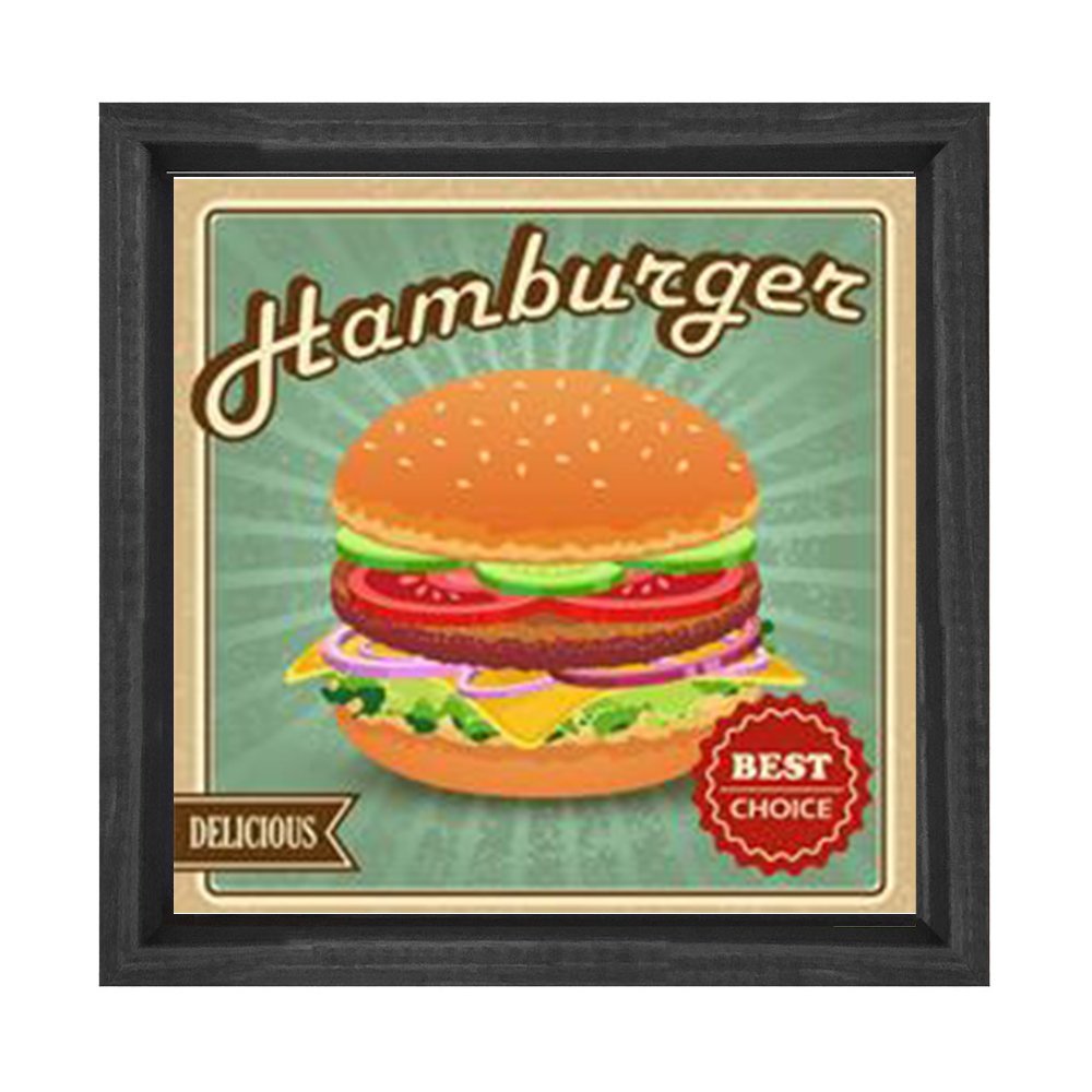 Hamburgerler Reklam Afişi Tablosu Siyah Ahşap Çerçeve - 50x50