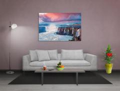 Pastel Gökyüzü Ve Şelale Tablosu Siyah Ahşap Çerçeve - 50x70