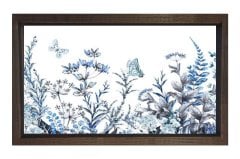 Mavi Kelebekli Çiçekler Tablosu Kahverengi Ahşap Çerçeve - 100x200