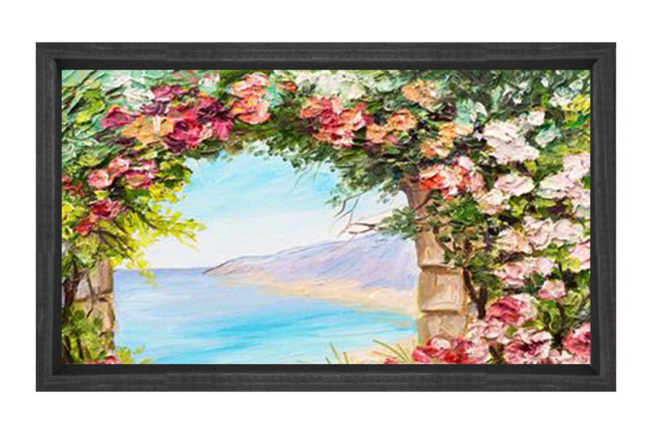 Pembe Çiçekler Ve Deniz Tablosu Siyah Ahşap - 50x90