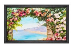 Pembe Çiçekler Ve Deniz Tablosu Siyah Ahşap - 50x90
