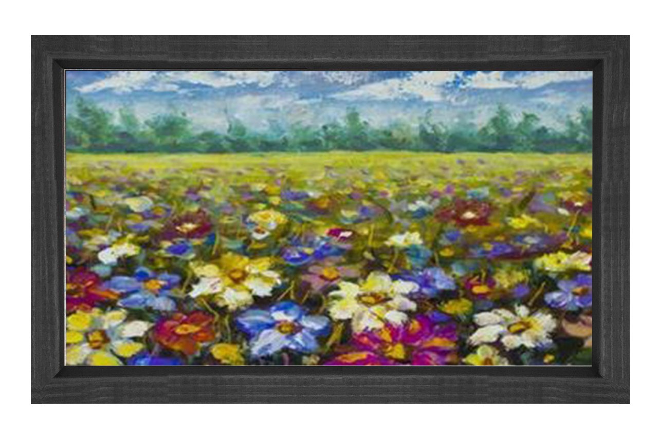 Çiçekli Manzarası Yağlıboya Tablosu Siyah Ahşap - 45x30