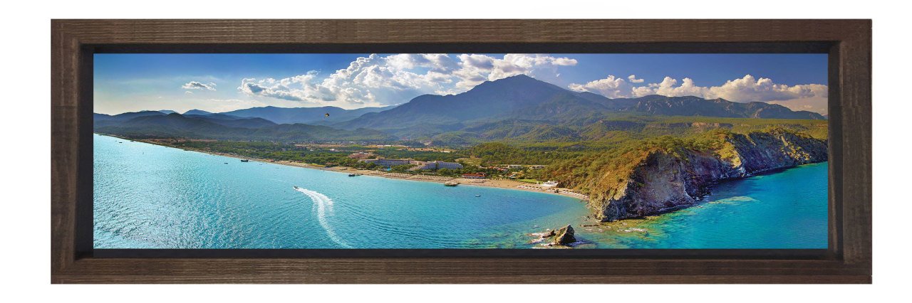 Dağ Kıyı Manzarası Tablosu Kahverengi Ahşap Çerçeve - 120x40