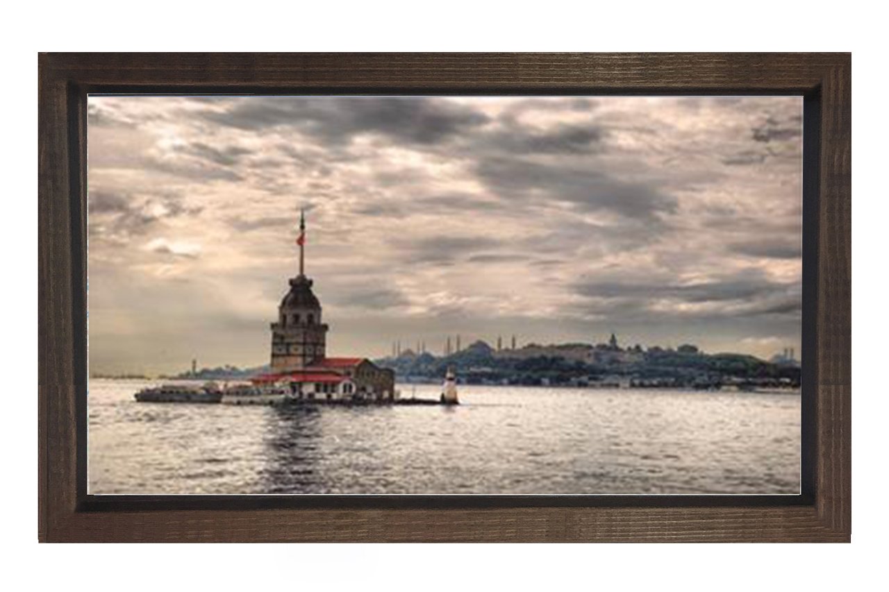 İstanbul Silueti ve Kız Kulesi Tablosu Kahverengi Ahşap Çerçeve - 50x70