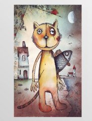 Kedi Ve Balık Tablosu Çerçevesiz - 40x60