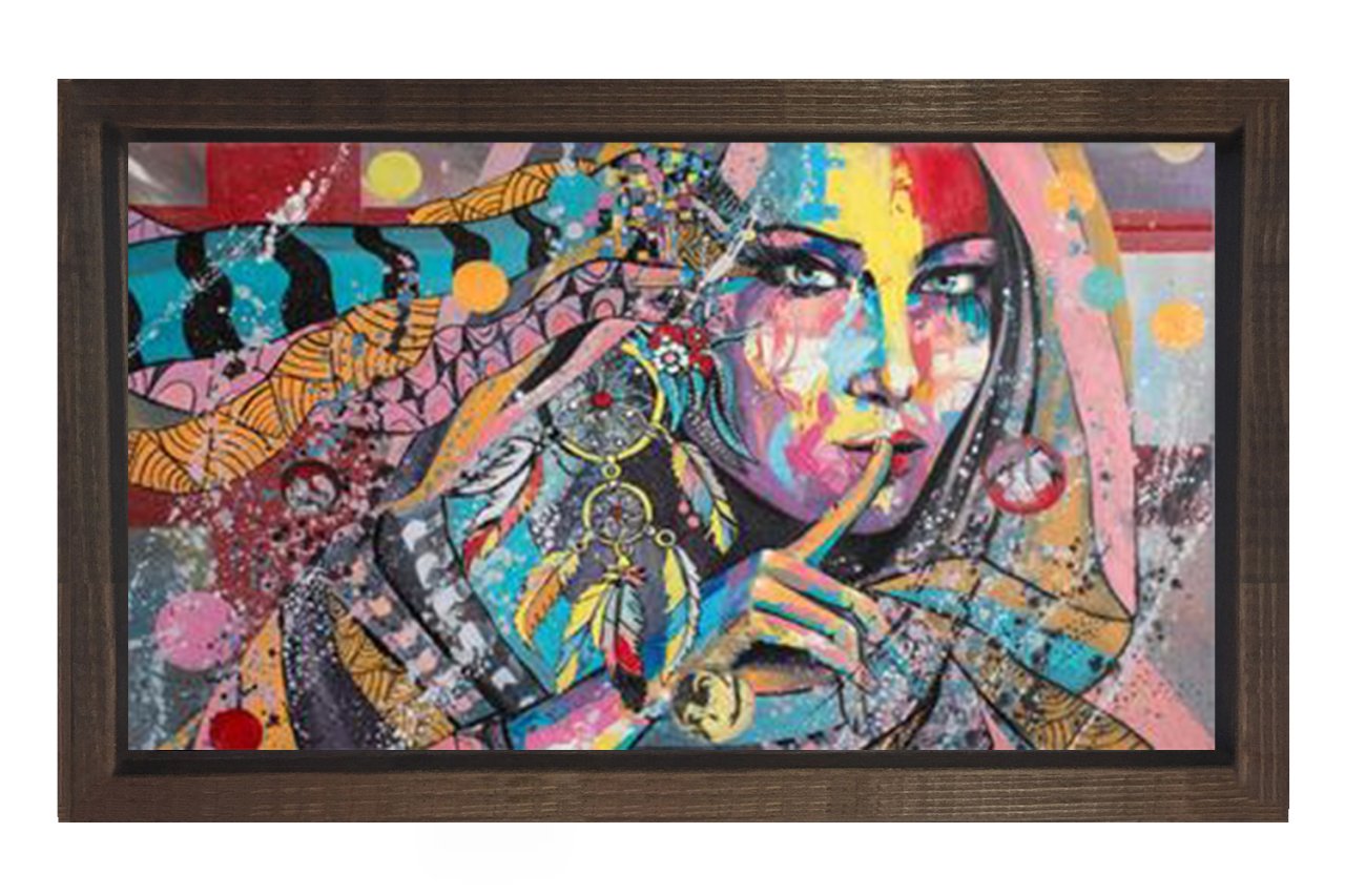 Desenli Soyut Kadın Tablosu Kahverengi Ahşap Çerçeve - 50x70