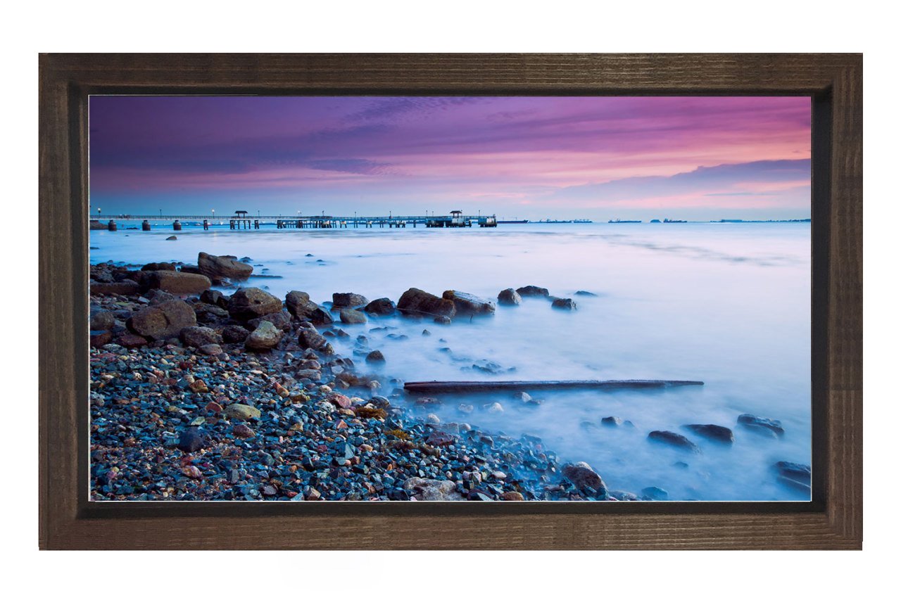 Taşlık Su Pastel Gökyüzü Tablosu Kahverengi Ahşap Çerçeve - 40x60