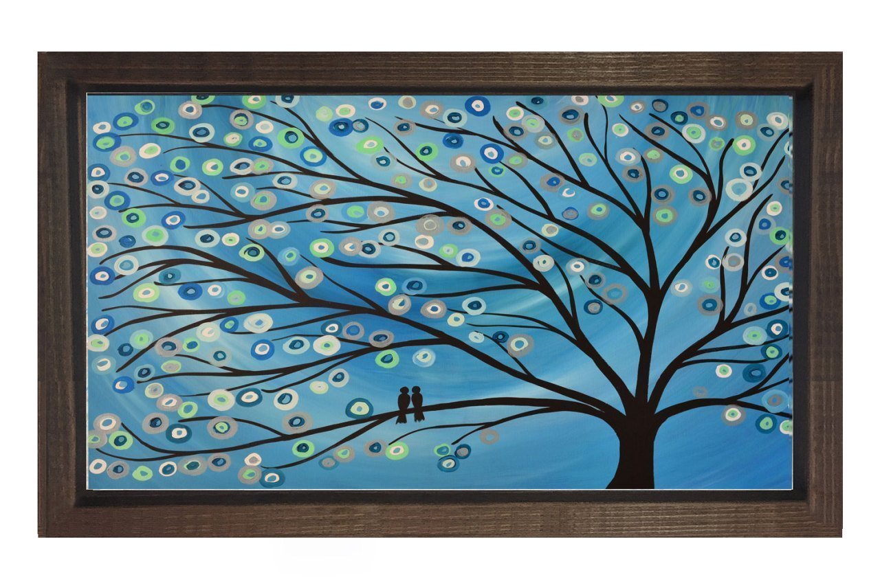 Mavi Soyut Ağaç Tablosu Kahverengi Ahşap Çerçeve - 45x30