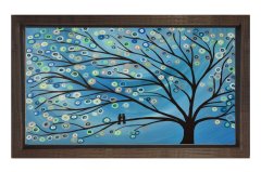 Mavi Soyut Ağaç Tablosu Kahverengi Ahşap Çerçeve - 45x30