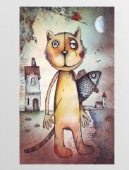 Kedi Ve Balık Tablosu Çerçevesiz - 50x90