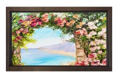 Pembe Çiçekler Ve Deniz Tablosu Kahverengi Ahşap - 50x70