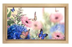 Kelebekler Ve Pembe Çiçekler Tablosu Naturel Ahşap - 40x60