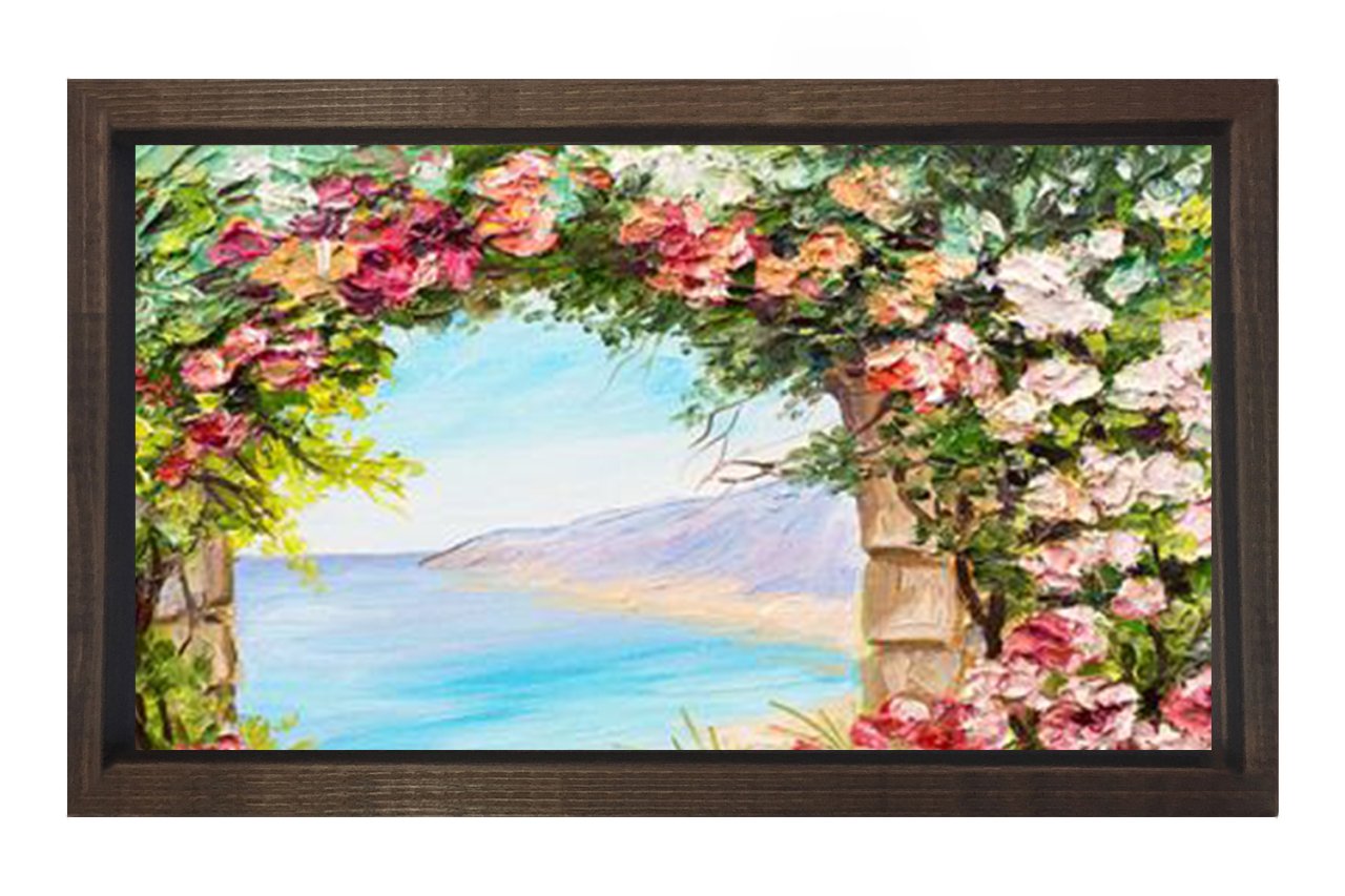 Pembe Çiçekler Ve Deniz Tablosu Kahverengi Ahşap - 50x90