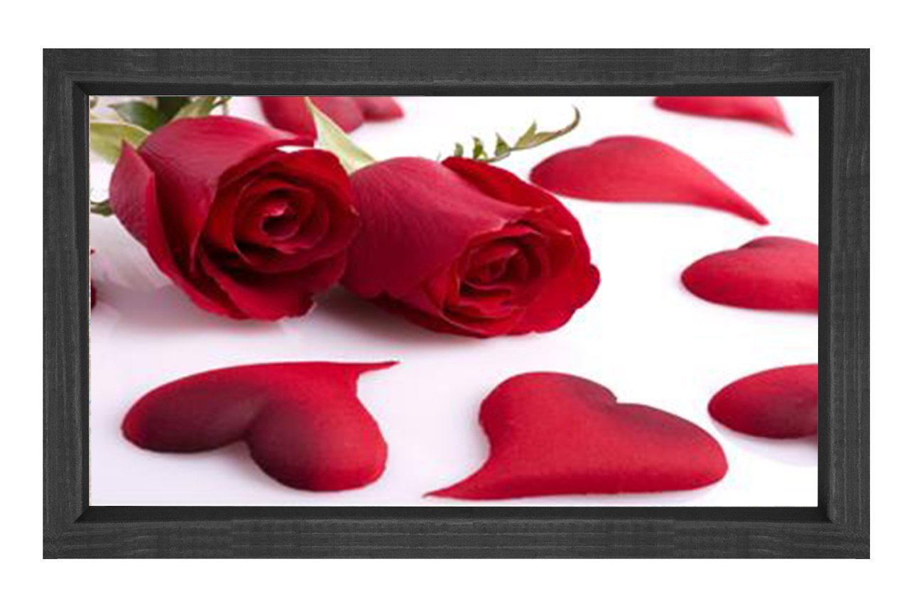Kalp Ve Güller Tablosu Siyah Ahşap Çerçeve - 40x60