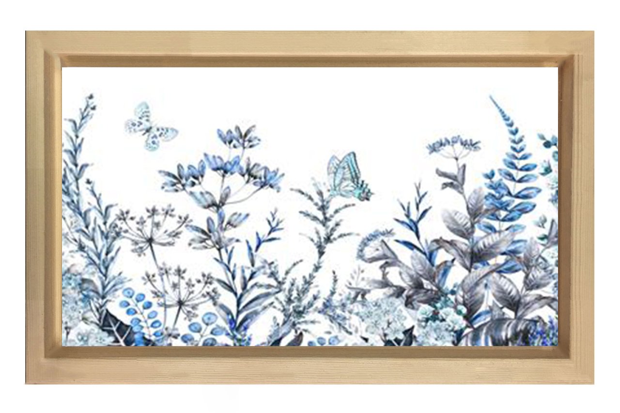Mavi Kelebekli Çiçekler Tablosu Naturel Ahşap Çerçeve - 50x70