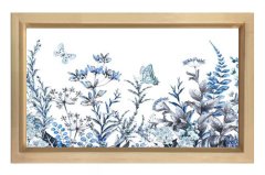 Mavi Kelebekli Çiçekler Tablosu Naturel Ahşap Çerçeve - 50x70