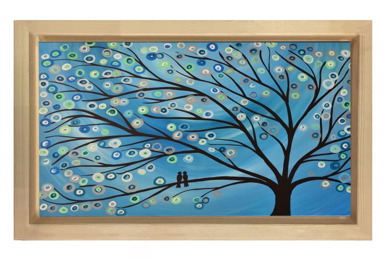 Mavi Soyut Ağaç Tablosu Naturel Ahşap Çerçeve - 100x200