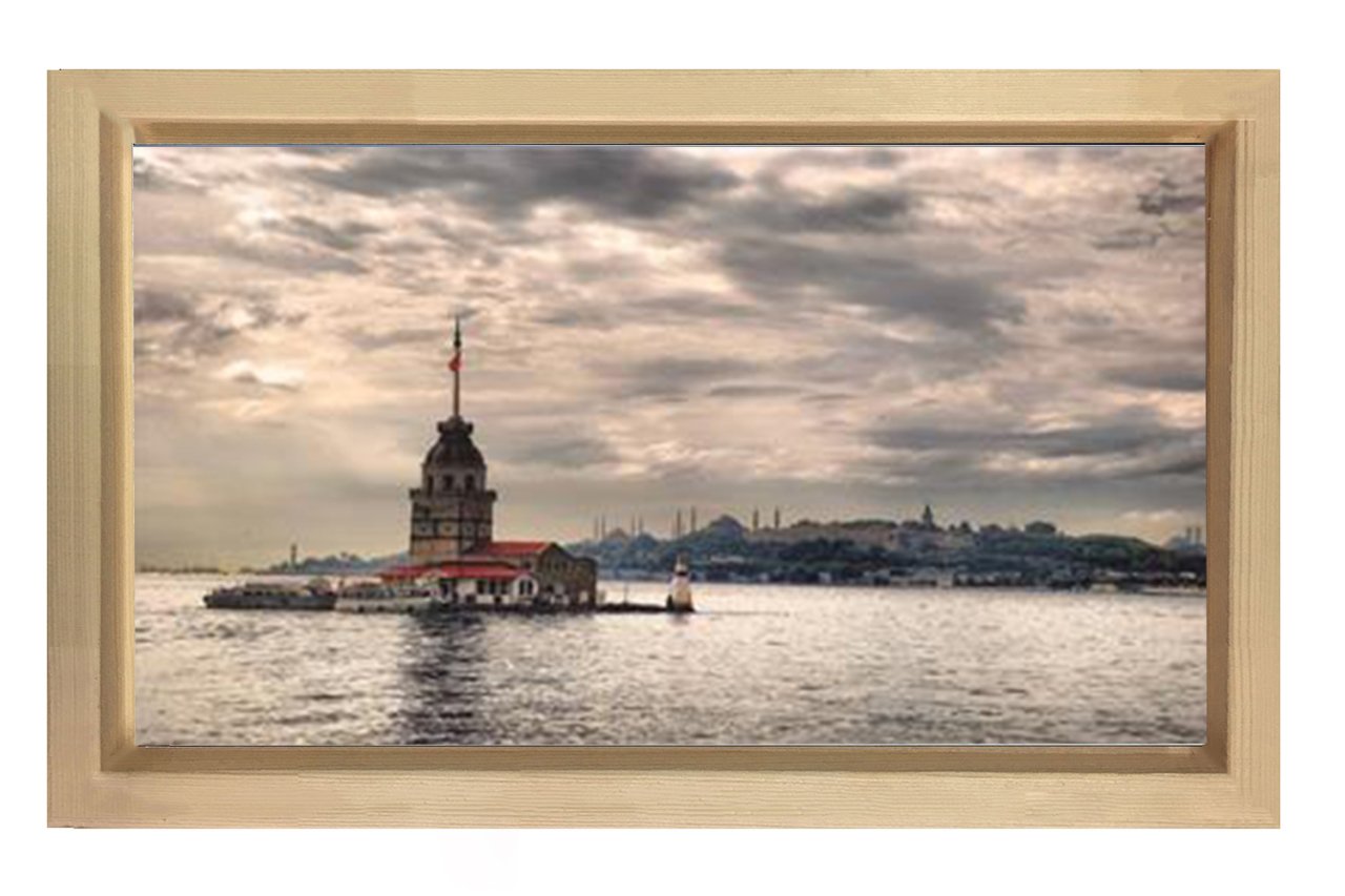 İstanbul Silueti ve Kız Kulesi Tablosu Naturel Ahşap Çerçeve - 50x90