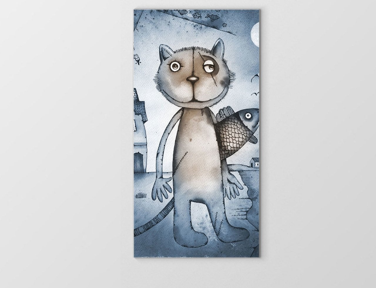 Kedi Ve Balık Tablosu Çerçevesiz - 45x30