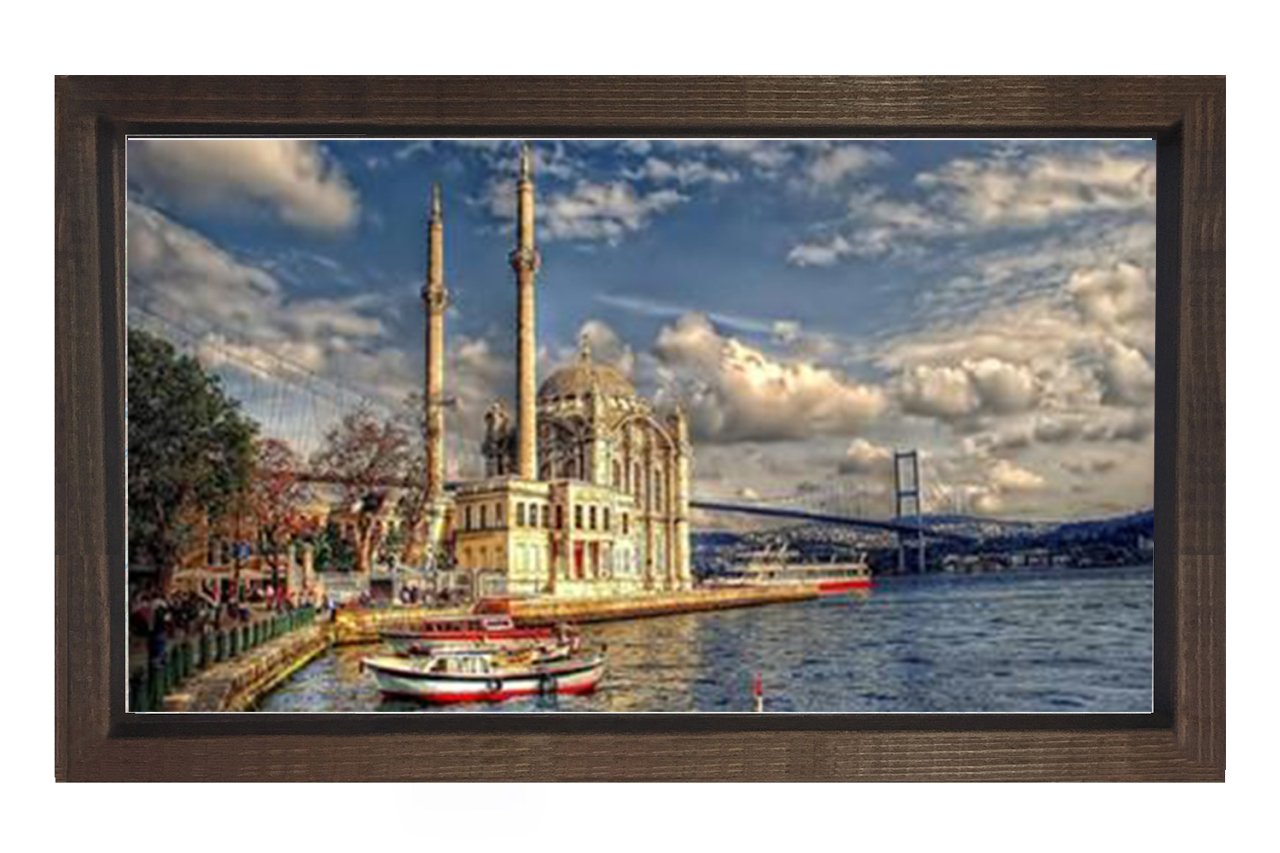 Orta Köy Camisi Tablosu Kahverengi Ahşap Çerçeve - 50x90