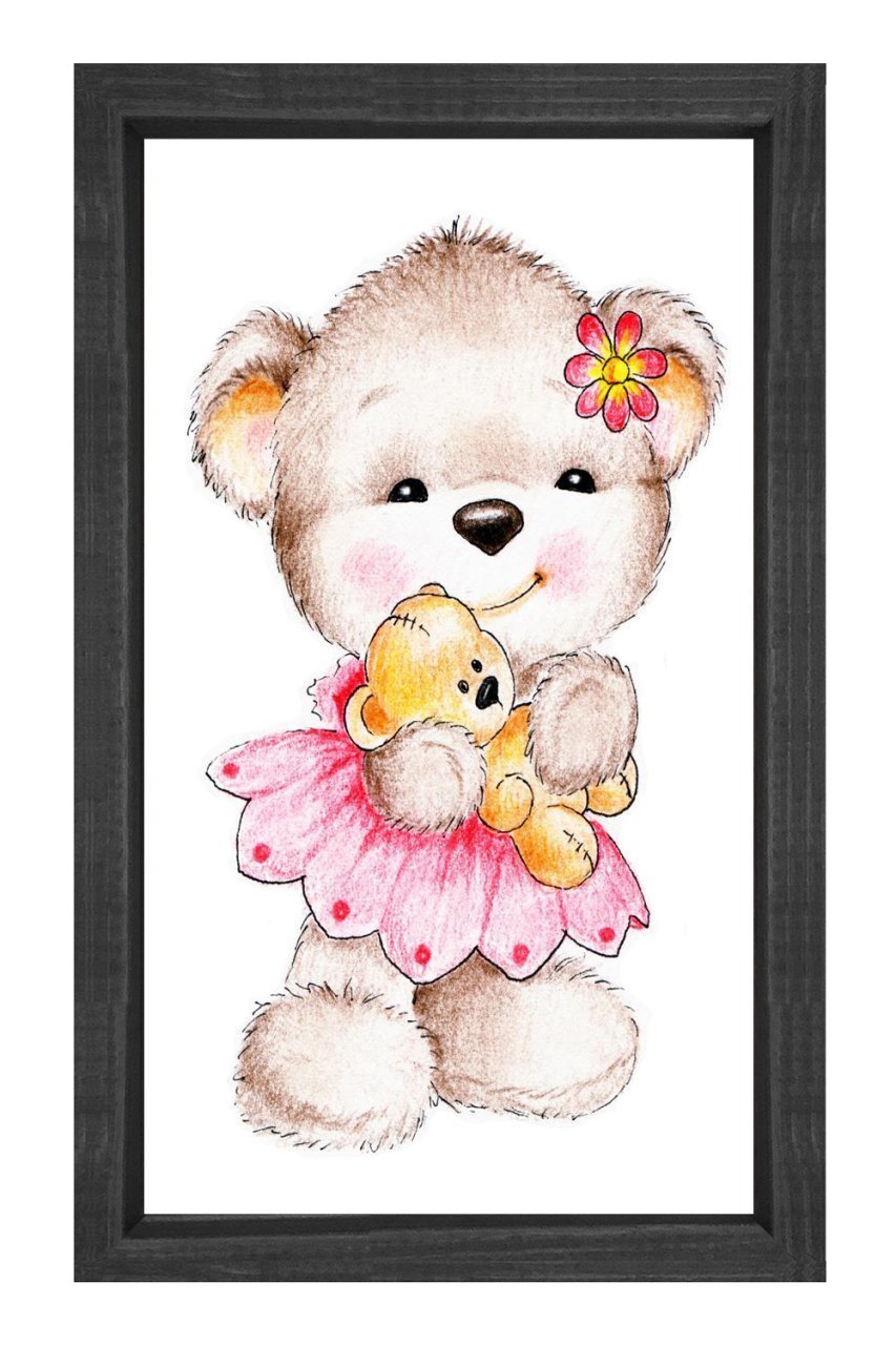 Pembe Cici Elbiseli Ayıcık Tablosu Siyah Ahşap Çerçeve - 45x30