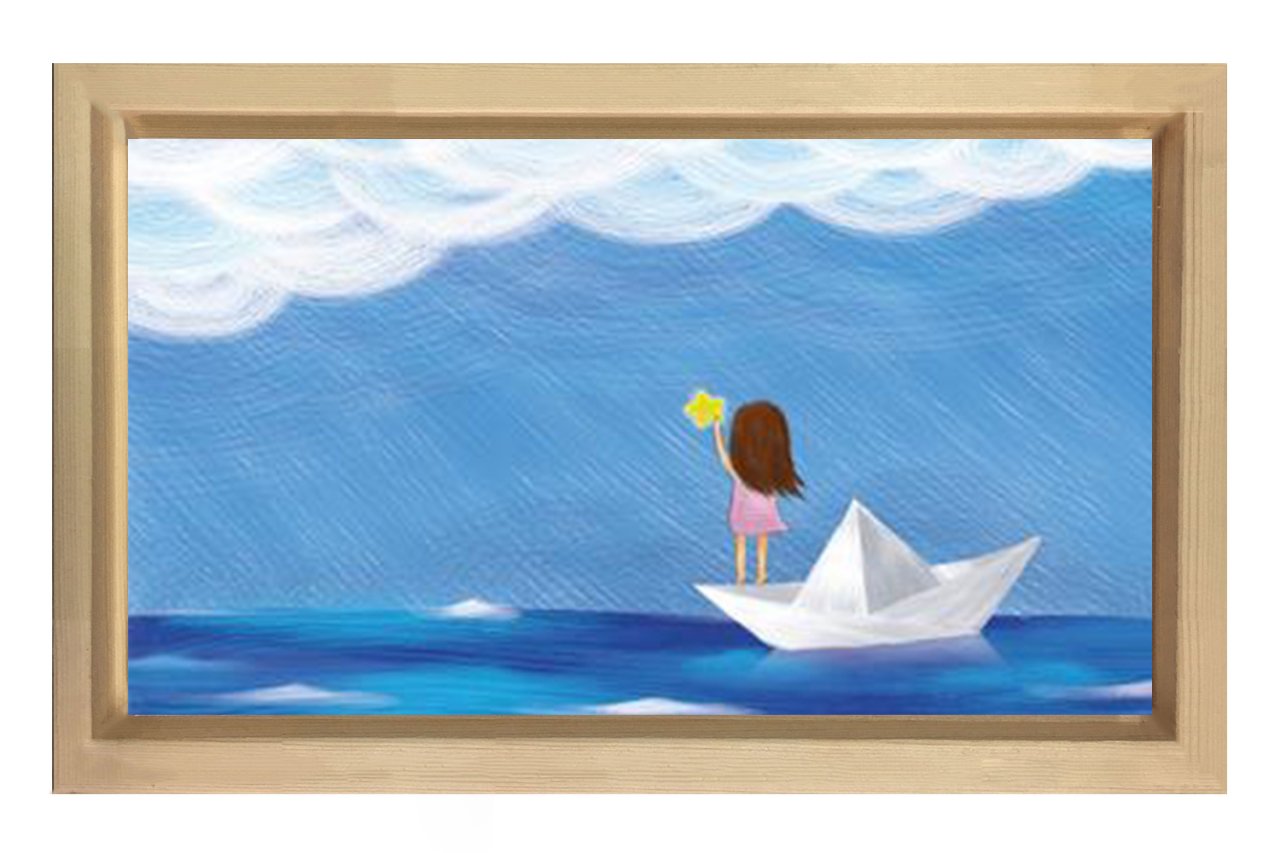 Kağıttan Gemi Ve Kız Tablosu Naturel Ahşap Çerçeve - 40x60