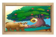 Ayı Ve Balkovanı Tablosu Naturel Ahşap Çerçeve - 45x30