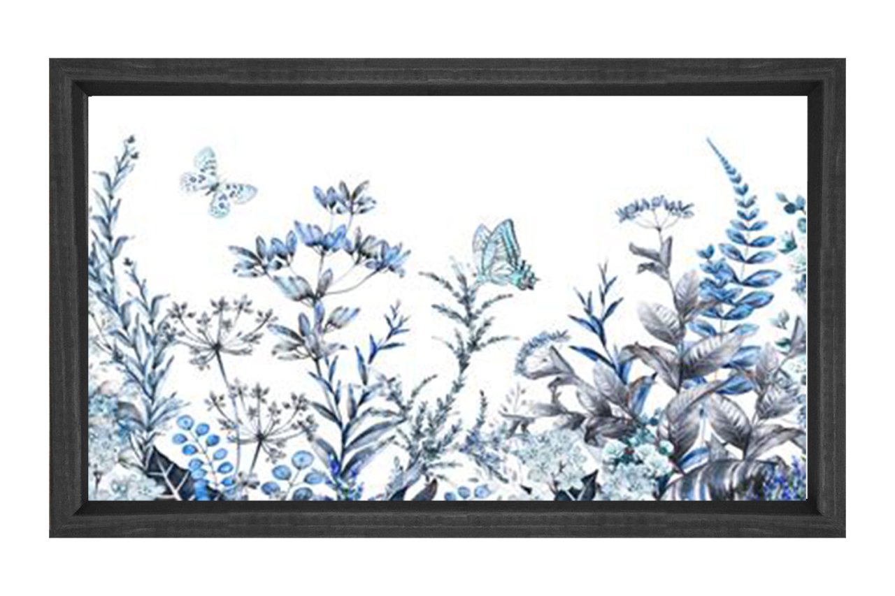 Mavi Kelebekli Çiçekler Tablosu Siyah Ahşap Çerçeve - 50x70