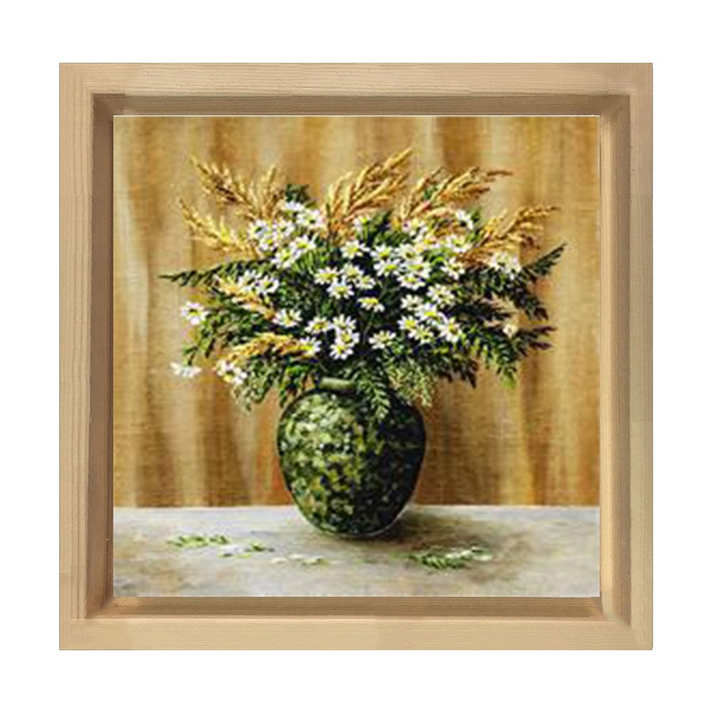 Vazoda Çiçek Natürmort Tablosu Naturel Ahşap Çerçeve - 30x30