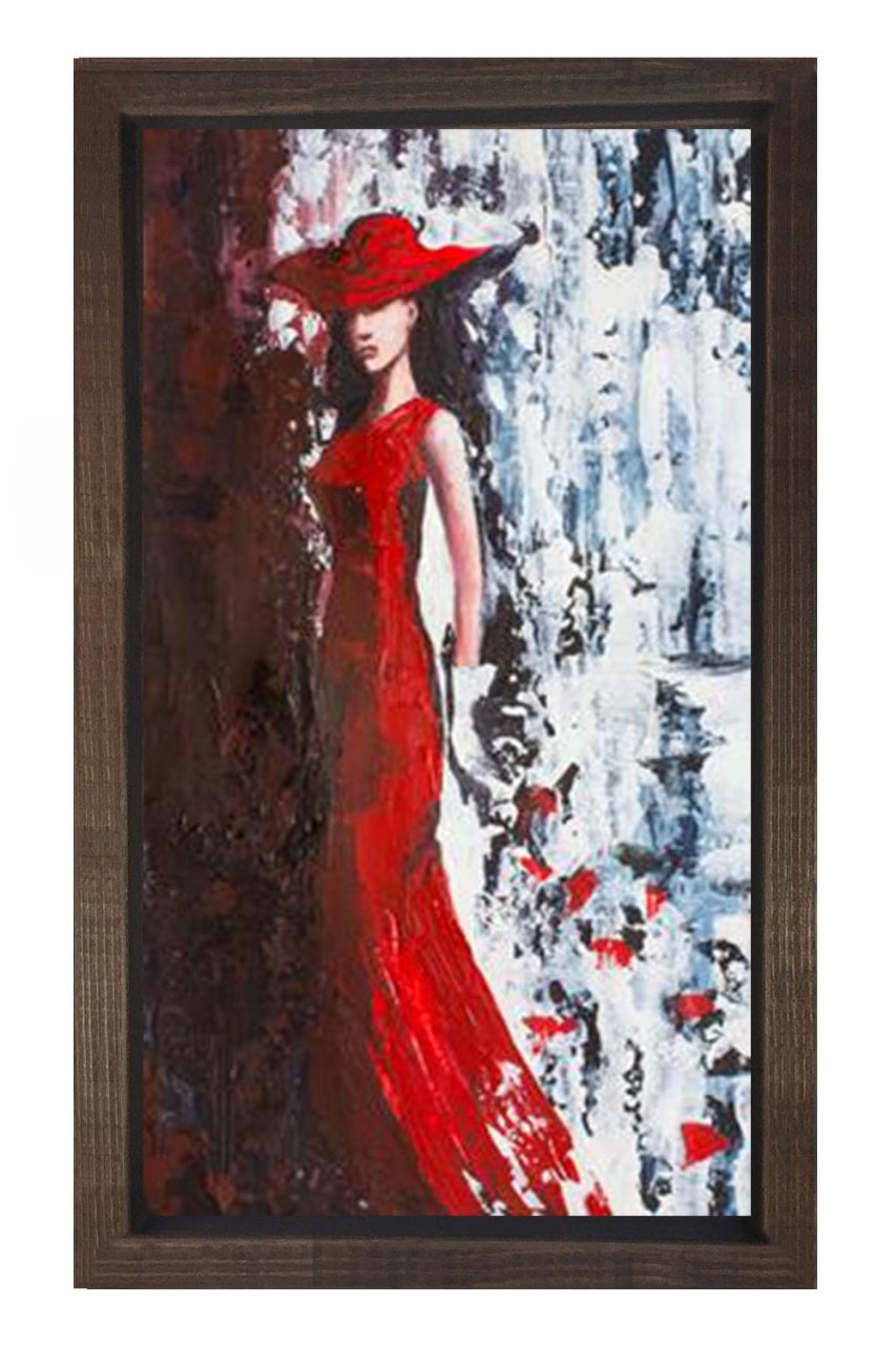 Kırmızı Elbiseli Kadın Tablosu Kahverengi Ahşap Çerçeve - 100x150