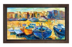 Yağlı Boya Kayıklar Tablosu Kahverengi Ahşap Çerçeve - 50x70