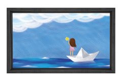 Kağıttan Gemi Ve Kız Tablosu Siyah Ahşap Çerçeve - 50x70