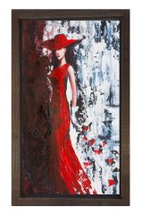 Kırmızı Elbiseli Kadın Tablosu Kahverengi Ahşap Çerçeve - 45x30