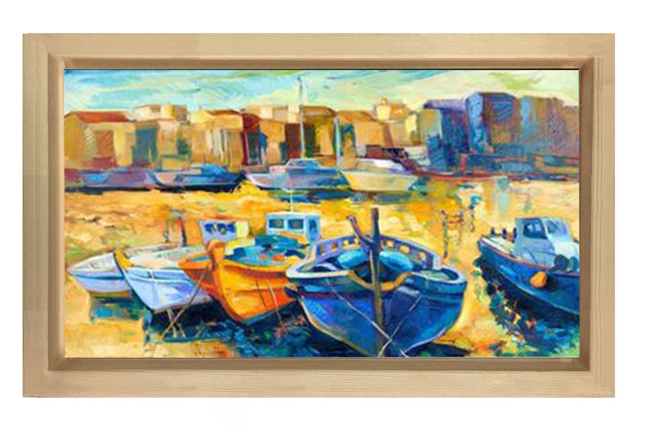 Yağlı Boya Kayıklar Tablosu Naturel Ahşap Çerçeve - 45x30