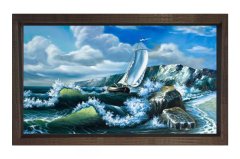Dalgalar Ve Yelkenli Gemi Tablosu Kahverengi Ahşap Çerçeve - 50x70