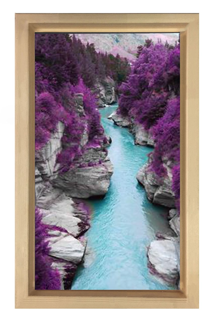 Mor Ağaçlı Su Manzara Tablosu Naturel Ahşap Çerçeve - 50x90