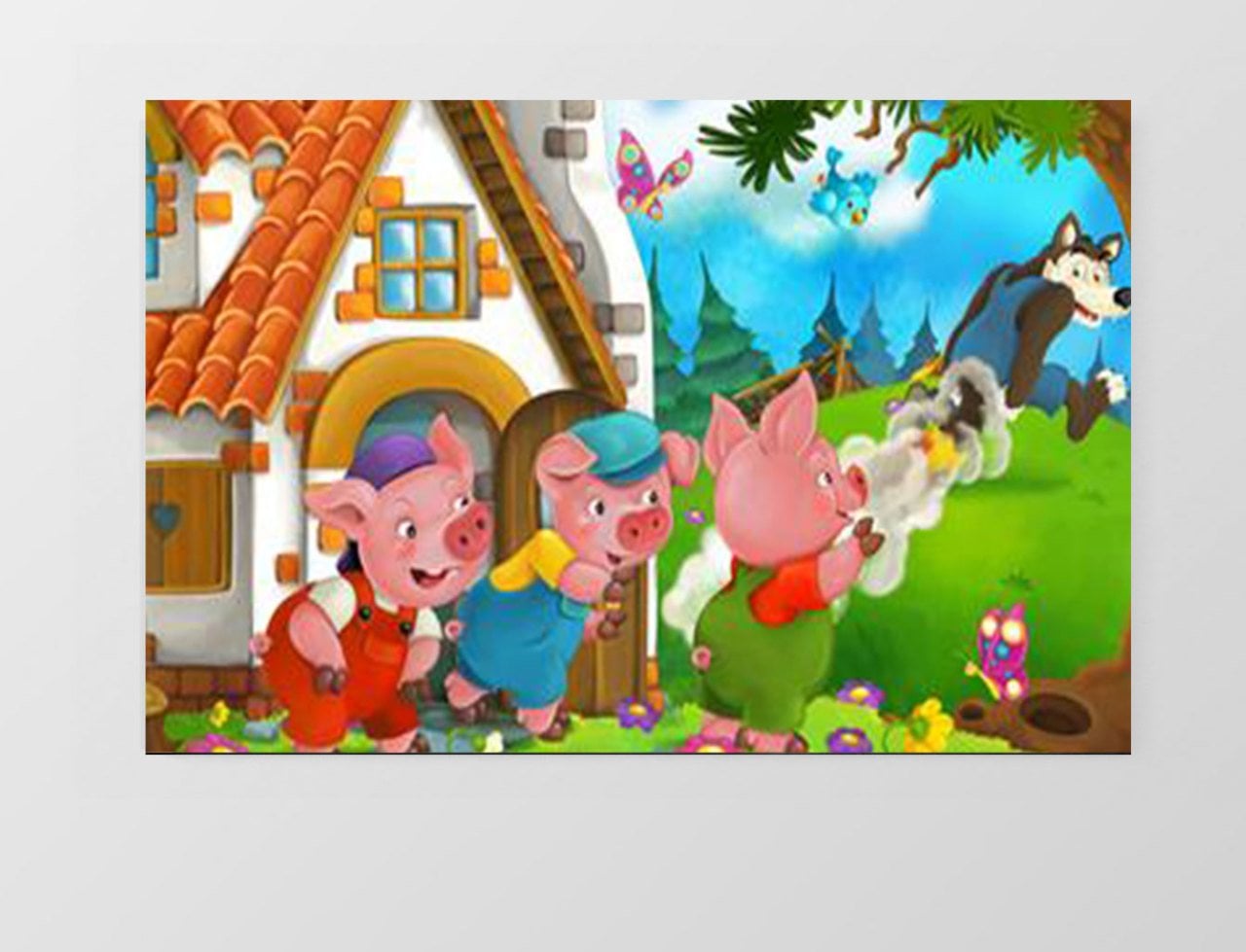 Üç Küçük Domuzcuk Ve Kurt Tablosu Çerçevesiz - 45x30