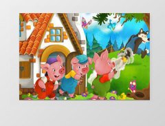 Üç Küçük Domuzcuk Ve Kurt Tablosu Çerçevesiz - 50x70