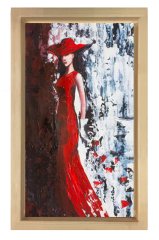 Kırmızı Elbiseli Kadın Tablosu Naturel Ahşap Çerçeve - 50x70