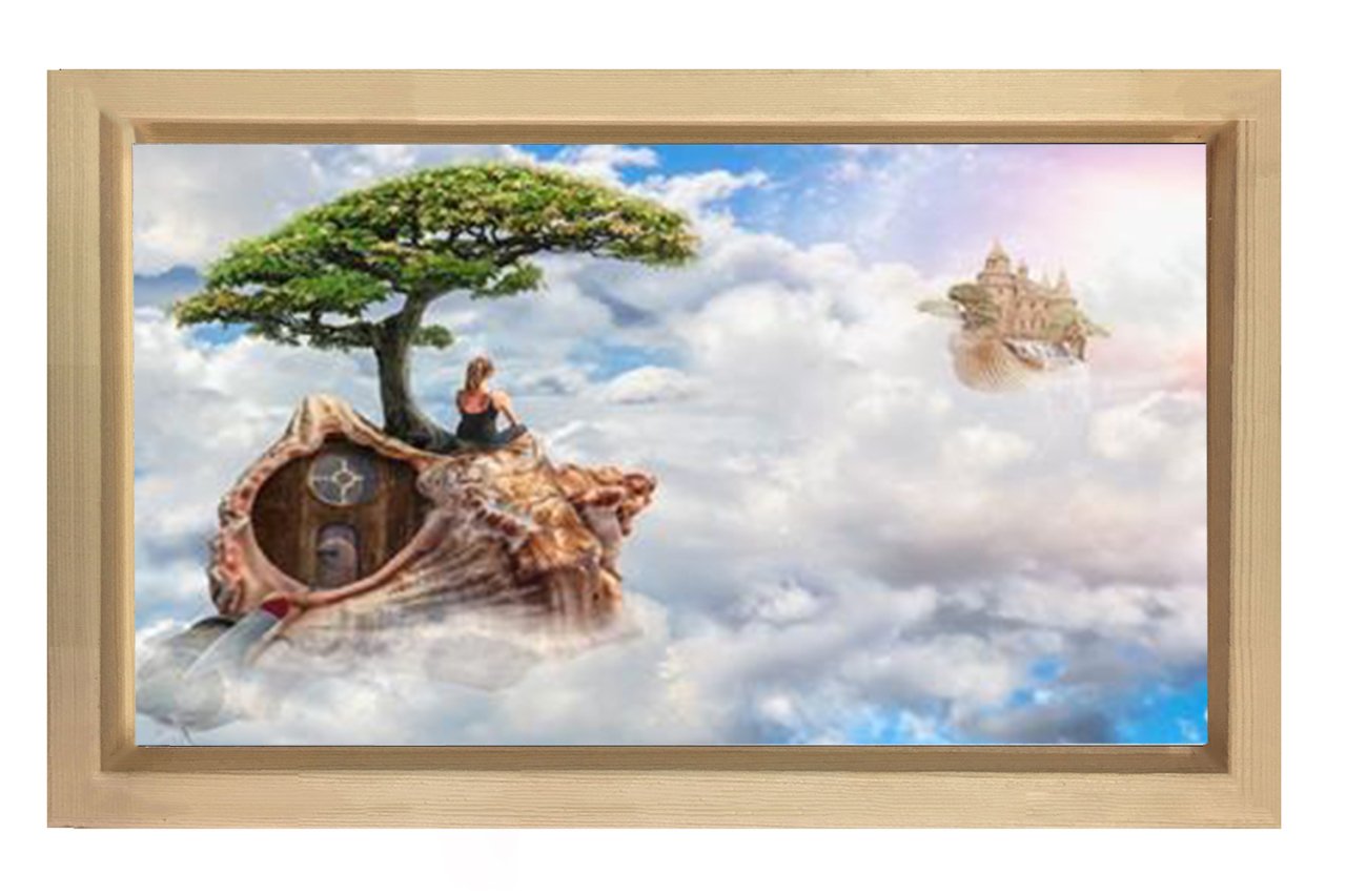 Gökyüzü Kızı Bulut Kale  Tablosu Naturel Ahşap Çerçeve - 40x60