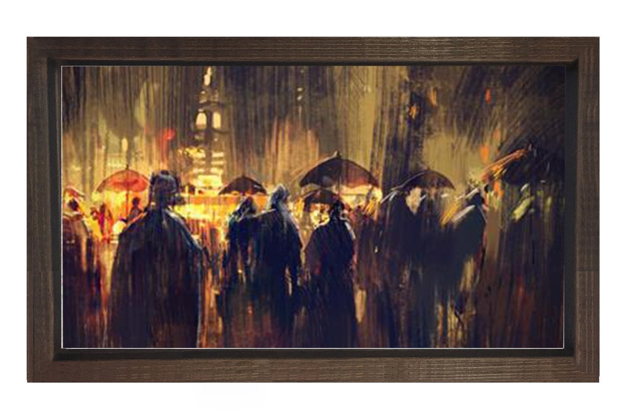 Yağmurlu Gece İnsanlar Tablosu Kahverengi Ahşap Çerçeve - 40x60