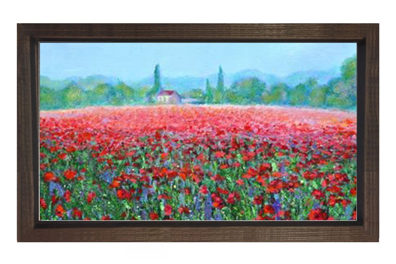 Kırmızı Çiçekler Manzara Tablosu Kahverengi Ahşap - 50x70