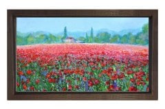 Kırmızı Çiçekler Manzara Tablosu Kahverengi Ahşap - 50x70