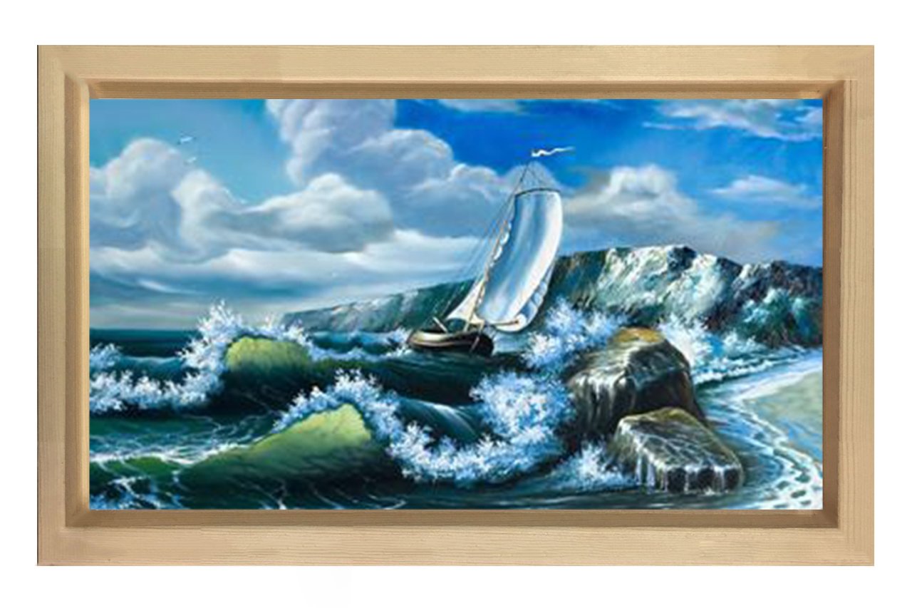 Dalgalar Ve Yelkenli Gemi Tablosu Naturel Ahşap Çerçeve - 45x30