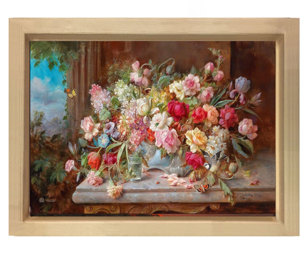 Hans Zatzka - Bahar Çiçekleri Tablosu Naturel Ahşap Çerçeve - 70x100